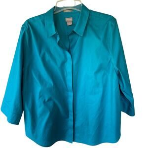 Chico’s No Iron Size 20 Turquoise Blue Buttondown 3/4 sleeve shirt
